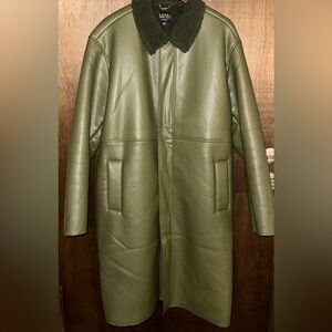 Mens 46L Olive Green Faux Leather Trench With Sherpa Lining